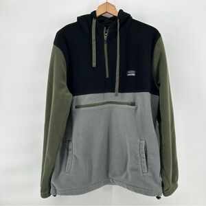 FREE NATURE 1/4 Fleece Hoodie Sz L Black/Green/Grey Pocket Pouch Sweater Shacket